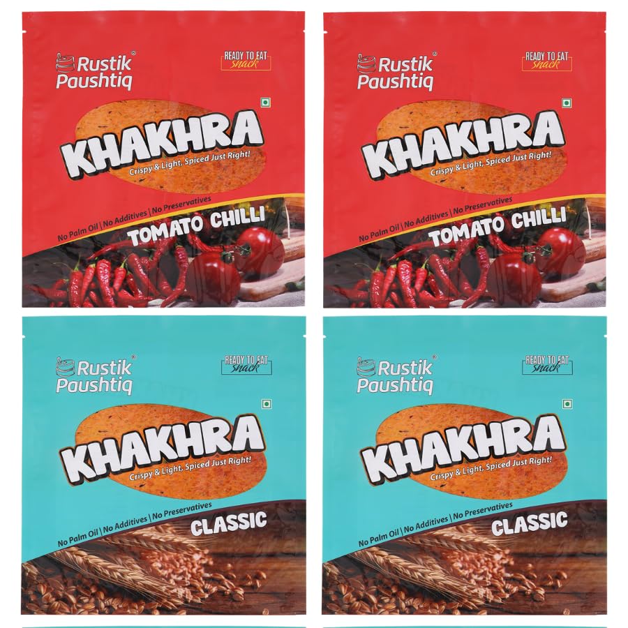 Image of RUSTIK PAUSHTIQ Baked Khakhra Combo - 200g x 4 Packets | 2 Classic & 2 Tomato Chilli Flavours | Whole Wheat Crispy Snacks | No Palm Oil | Ready to Eat Tea Time Snack | 800g