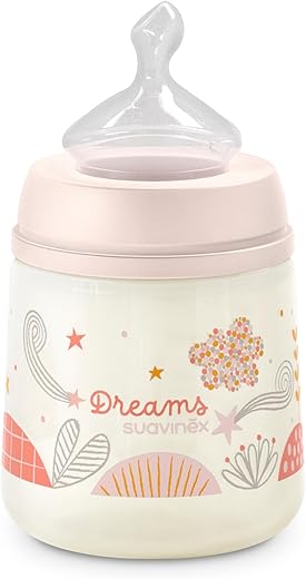Suavinex Biberón 150 ml Con Tetina Anatómica de Silicona, Válvula Anticólico, Flujo Medio (M) Para Bebés 0-6 Meses, Dreams Rosa