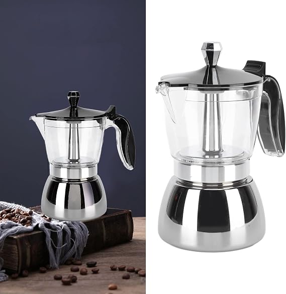 6 Cups Stainless Steel Coffee Pot, Brew Classic Italian with Our Moka Pot Premium Crystal Glass Top Octagonal Design for Stovetop Brewing