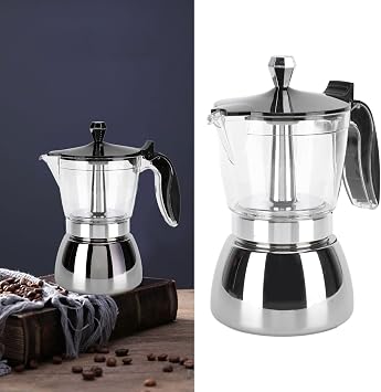6 Cups Stainless Steel Coffee Pot, Brew Classic Italian with Our Moka Pot Premium Crystal Glass Top Octagonal Design for Stovetop Brewing