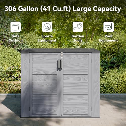 Image of AOXUN Horizontal Storage Sheds 41 Cu.ft, Outdoor Storage Box 160 Gallon, Waterproof Lockable Resin Shed, Patio Storage for Garden, Pool, Cushions, Tools, White