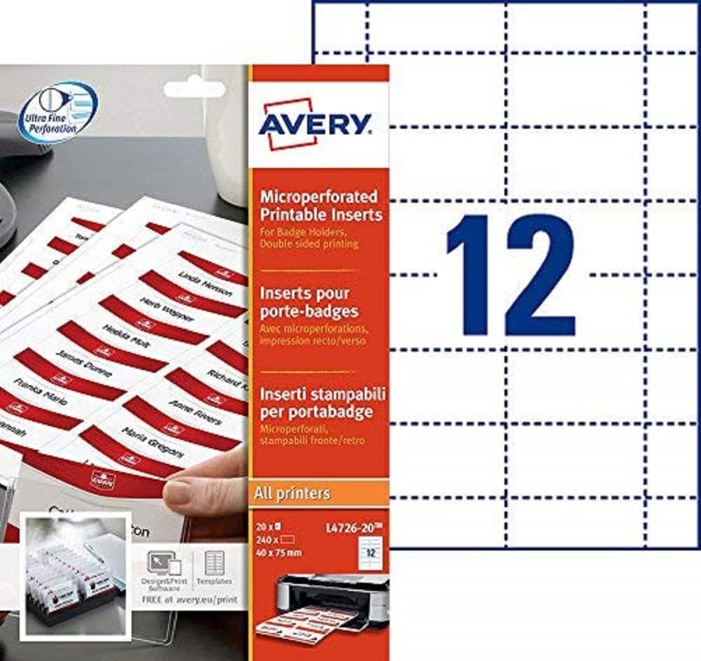 Avery L472620 Printable Name Badge Insert Refills (75 x 40 mm Inserts