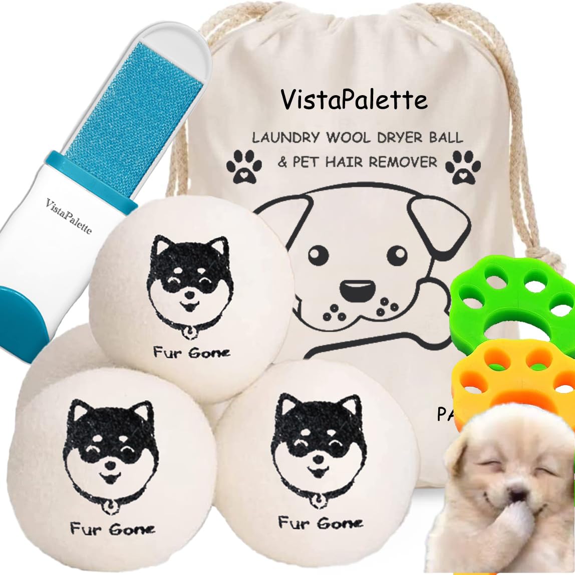 VistaPalettePet Hair Remover Kit Includes 1 Dual-Sided Hair Lint Brush Scrapers & 4 Wool Dryer Balls + 2 Fur Remover Laundry Balls for Clothes Couches Car interiors Carpets Dog&Cat Towers Rugs