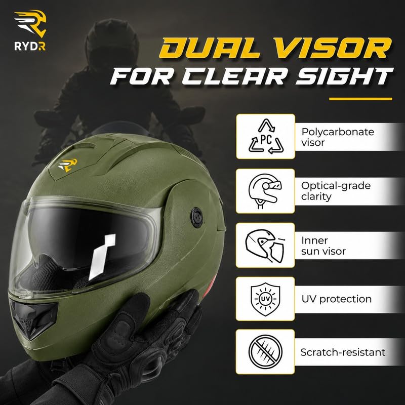 Image of Rydr AC Dx Flip-Up Full Face Motorbike Helmet - Green | | Durable Two-Wheeler Helmet for Men & Women | Comfortable Fit with Air Ventilation for Safe Bike & Scooter Riding