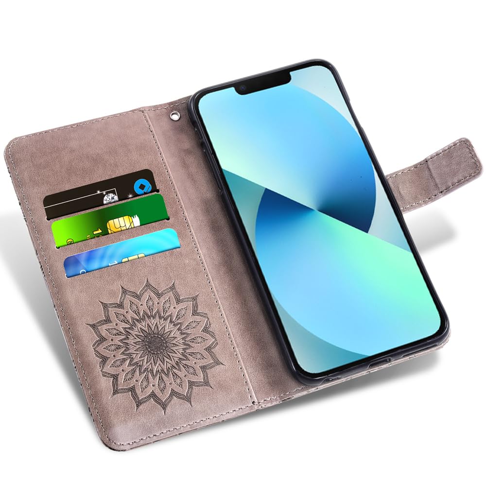 Auotu PU Leather with camera lens protection Wallet Pouch Flip Case Cover With Stand Card Slot Design For Blackview Shark 8 Smartphone (Gray With Flower Pattern) - Image 2