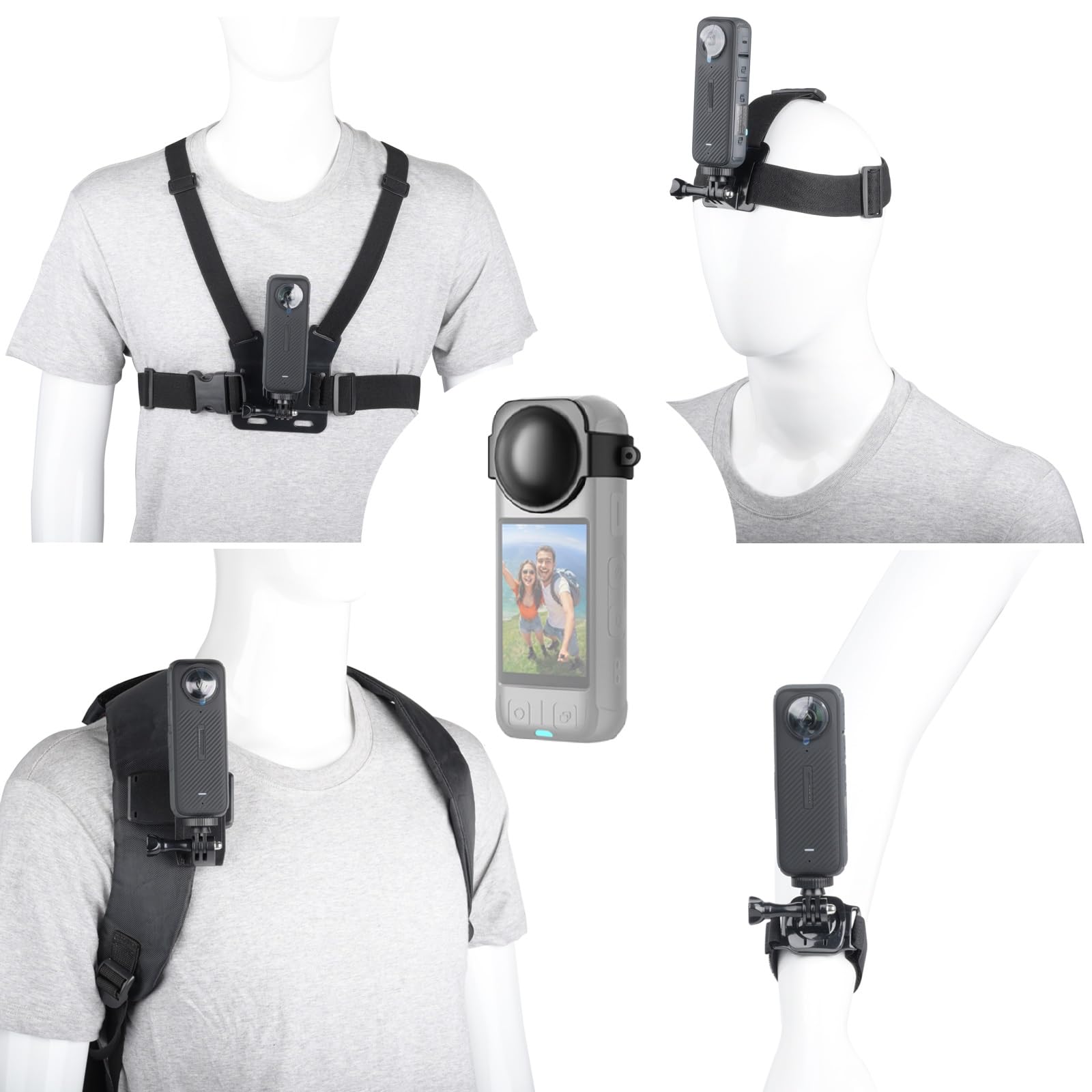 10 Piezas Accesorios Action Camera para Insta360 X5 X4 X3 Ace Pro,Soporte movil Pecho,Correa para la Cabeza y muñeca,Mochila Clip y Tapa de Lente de Silicona Compatible con GoPro Hero,Negro