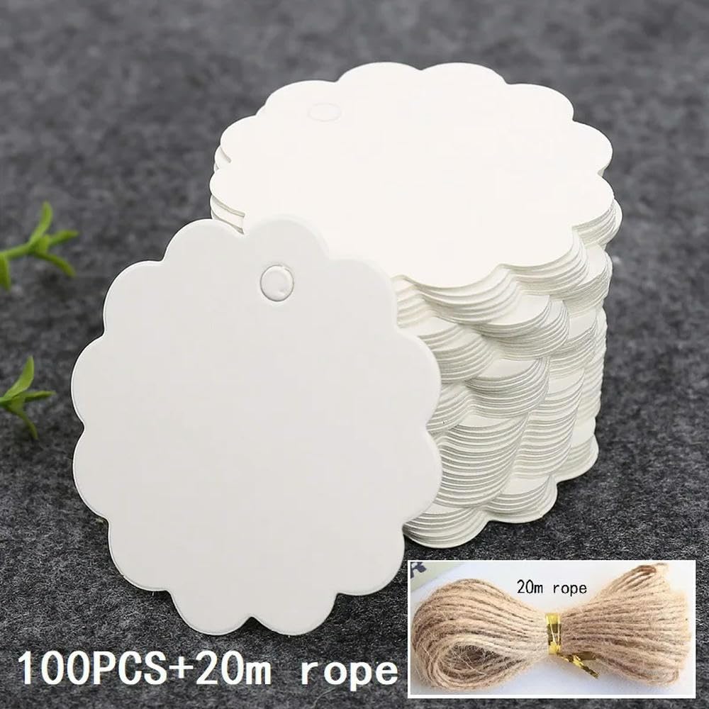 Loukeke White 100Pcs 6Cm Round Lace Edge Kraft Paper Tags Card Labels With Rope Product Price Marks Garment Tag Shoes Bags Decor Accessories
