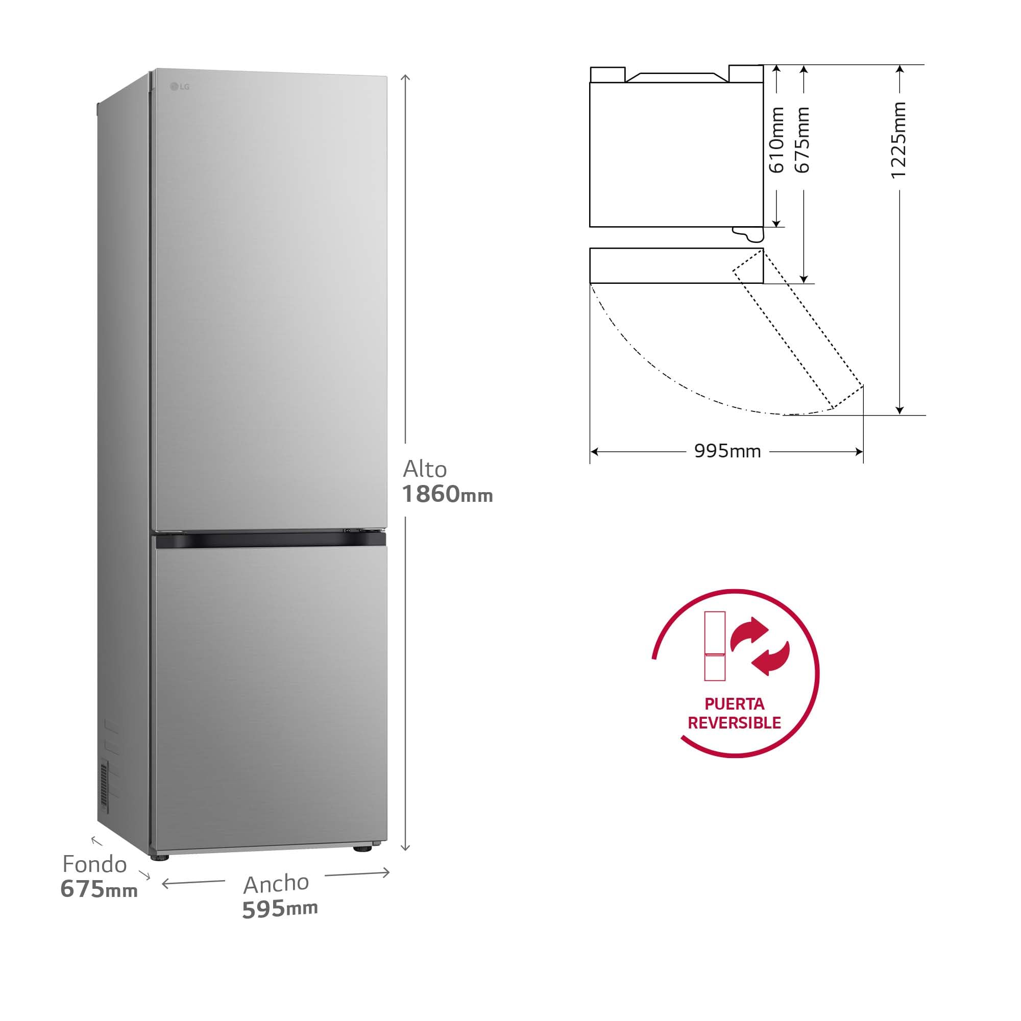 LG GBV5140CPY - Frigorífico Combi 2 Puertas, Door Cooling+, Clasificación C, Capacidad de 374L, Serie 500, 1,86m, Inox Antihuellas