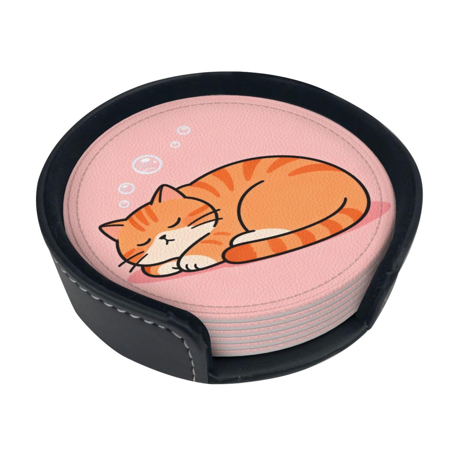 Cntdbu White Orange Cat Leather Coasters Set Of 6-Pu Leather Drink Mats For Table, Heat Resistant Round Coasters With Holder