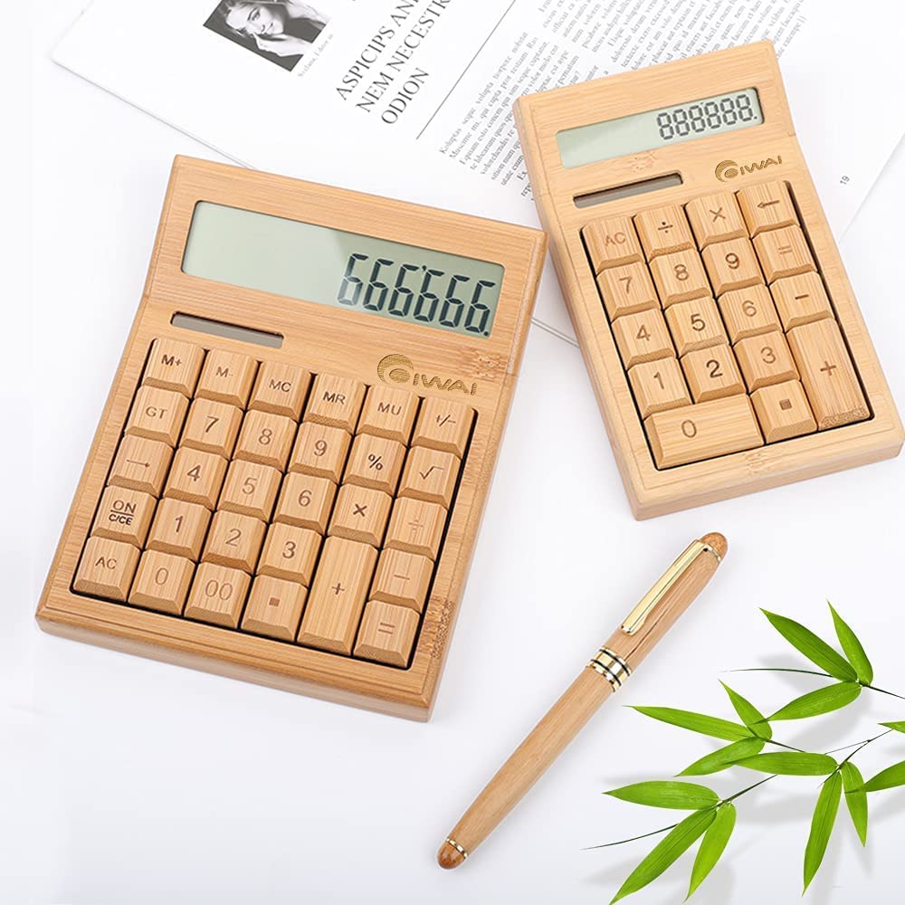 Desktop Calculator, COIWAI Bamboo Solar Calculators with Large Display Big Button Basic Standard Functional with 12-Digits and 29 Buttons for Home Office Creative Natural Design (5.3 * 6.9 in)