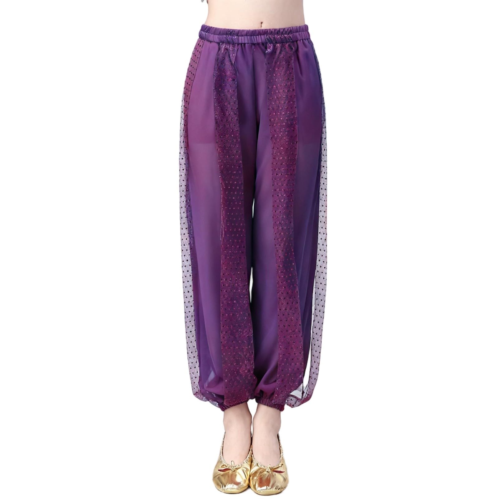 Belly Dance Harem Pants, Girls Chiffon Tribal Arabic Trousers Sequin Shiny Loose Bloomer Capri Trouser Dancing Yoga Pilates Zumba Party Performance Costume Purple 7-8 Years