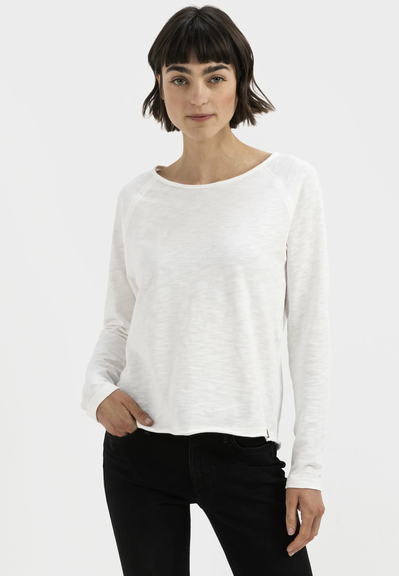 camel active Damen Basic Langarm T-Shirt mit Rundhalsausschnitt aus Reiner Baumwolle | atmungsaktives langarm Shirt leicht meliert mit Rundhalsausschnitt im Regular Fit