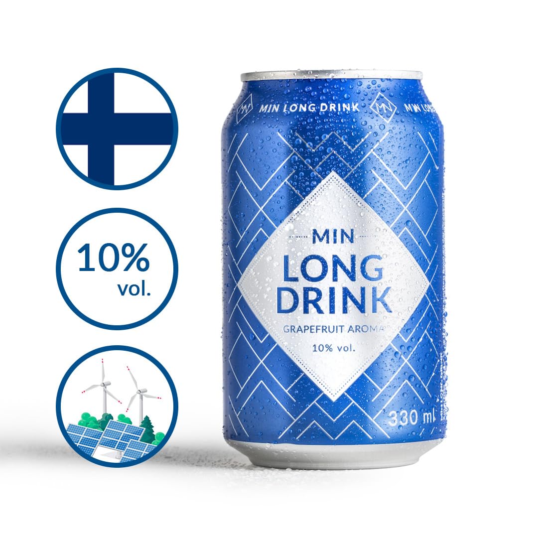 MIN Long Drink Grapefruit – Lonkero – Finnisches Nationalgetränk – Premium Gin-Longdrink – Fertig servierbereit – Nachhaltig produziert in Finnland – 10% Vol. – Glutenfrei – 12×0,33 L – 3 € Dosenpfand