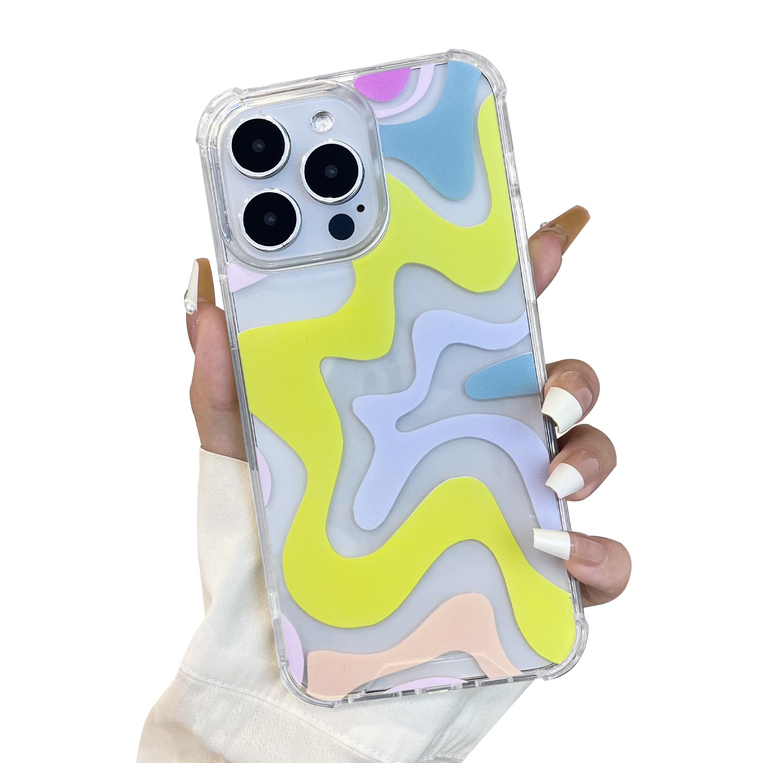 Sayoaho Compatible with iPhone 16 Pro Phone Case, Cute Art Wavy Painted for Women Girls, Soft TPU Edge PC Back Protective Shockproof Compatible with