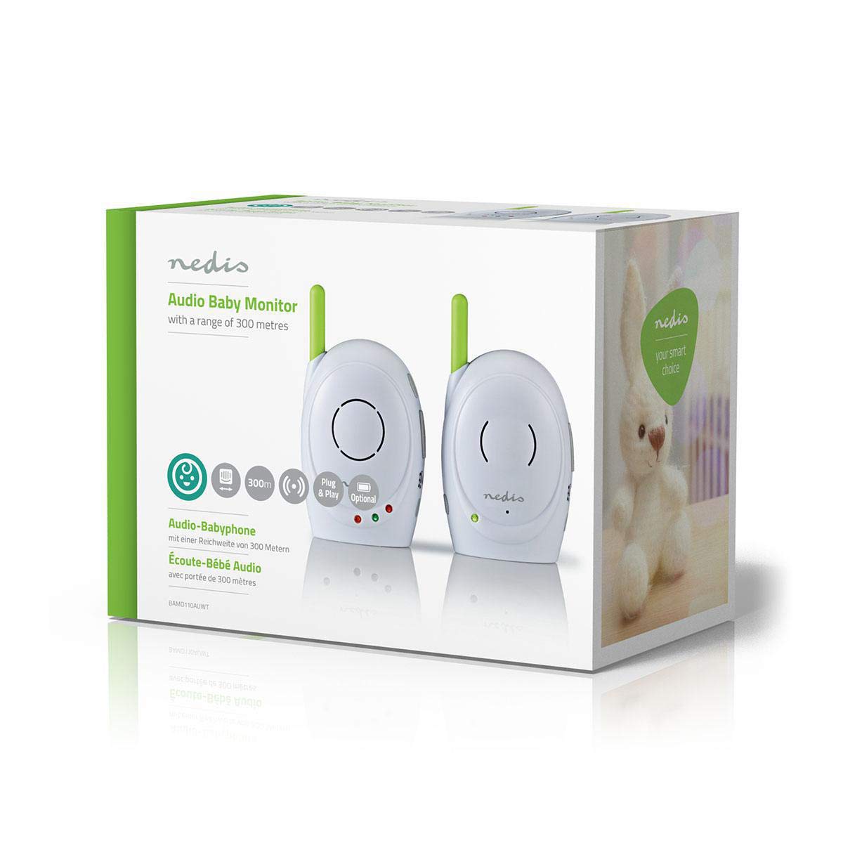 Nedis Audio Baby Monitor - Telefoni wireless per bambini con interfono, portata 300 m, Set di 2, Verde/Bianco