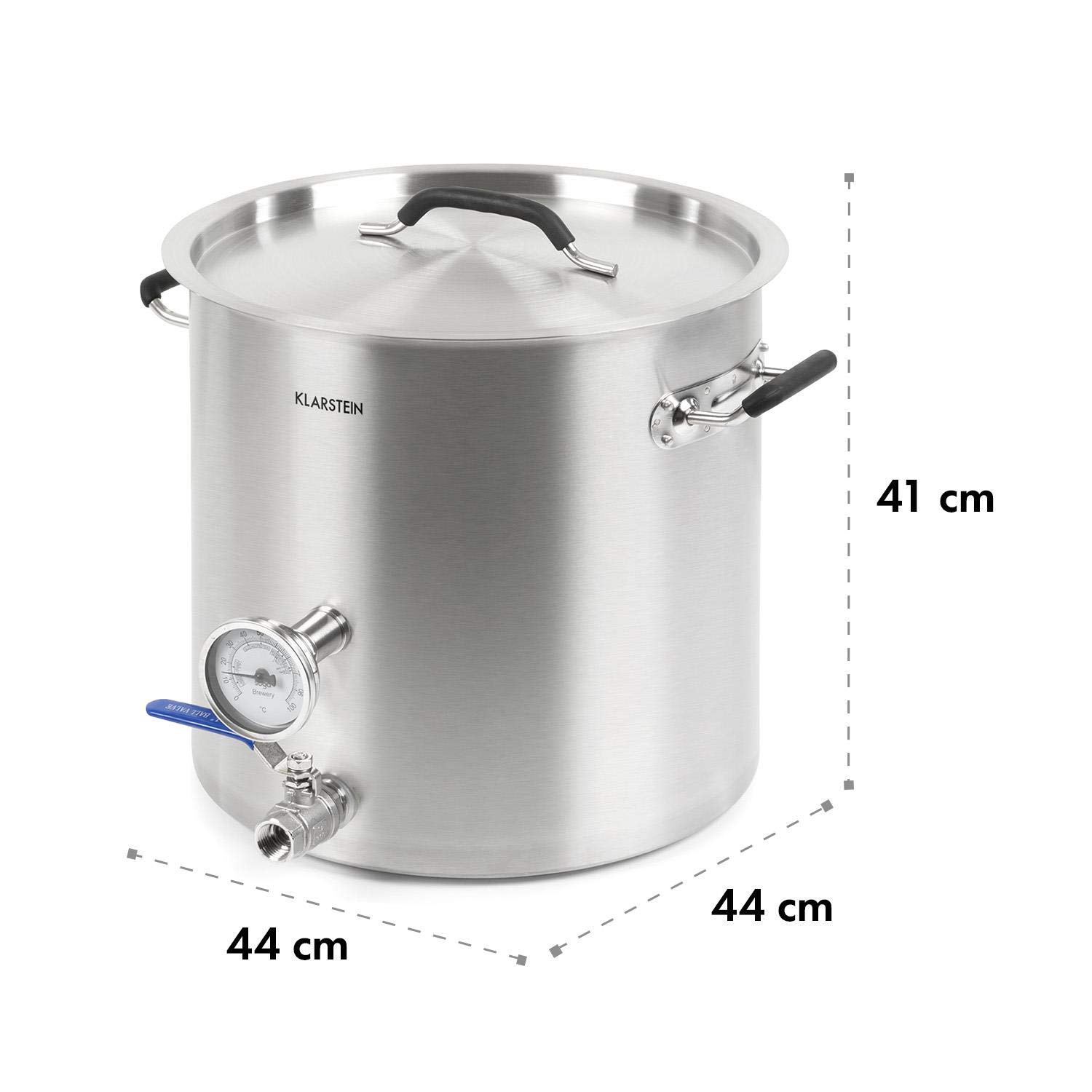 Klarstein Brauheld Pur 35 caldero de mosto de acero 304-35 litros, termómetro integrado, paredes de 0,7 mm de grosor, 3 mm de grosor de la base para placas de inducción, grifo de 1/2", plateado