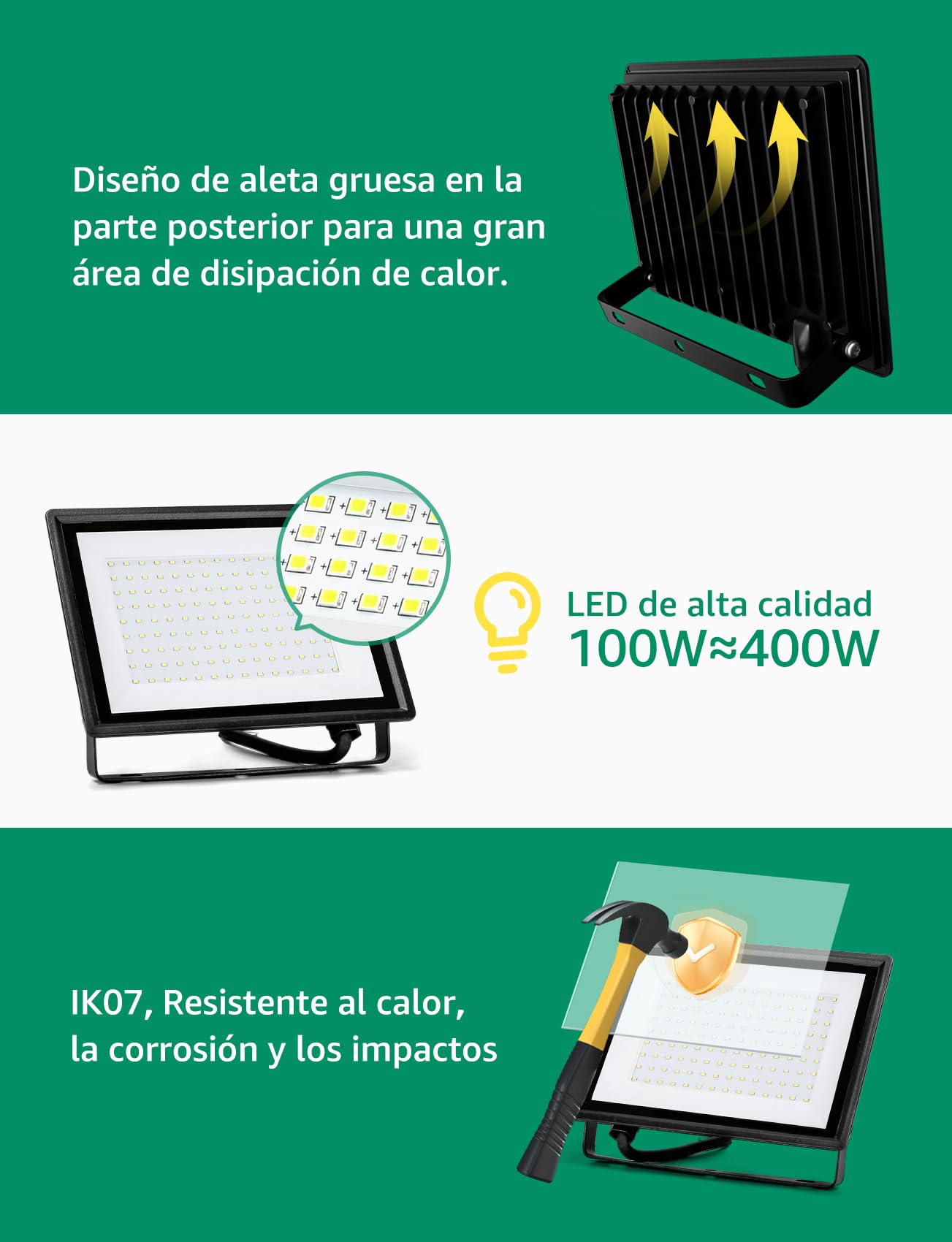 Aigostar Proyector LED exterior 100 W 8700 lm blanco frío 6500 K IP65 impermeable para jardín, patio, garaje
