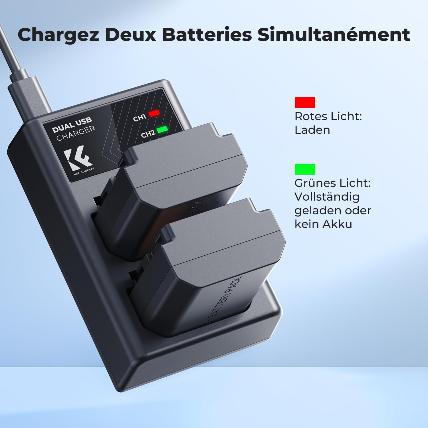K&F CONCEPT NP-FZ100 Batterie et Chargeur à Double Fente Compatible avec pour Sony A7iii, A7iv, A7C, A6700, A6600, ZV-E1, ZV-E10ii, FX3, FX30, A9, Alpha 9, Alpha 9S, A9S, A7R3, A7R4 Camera Batteries