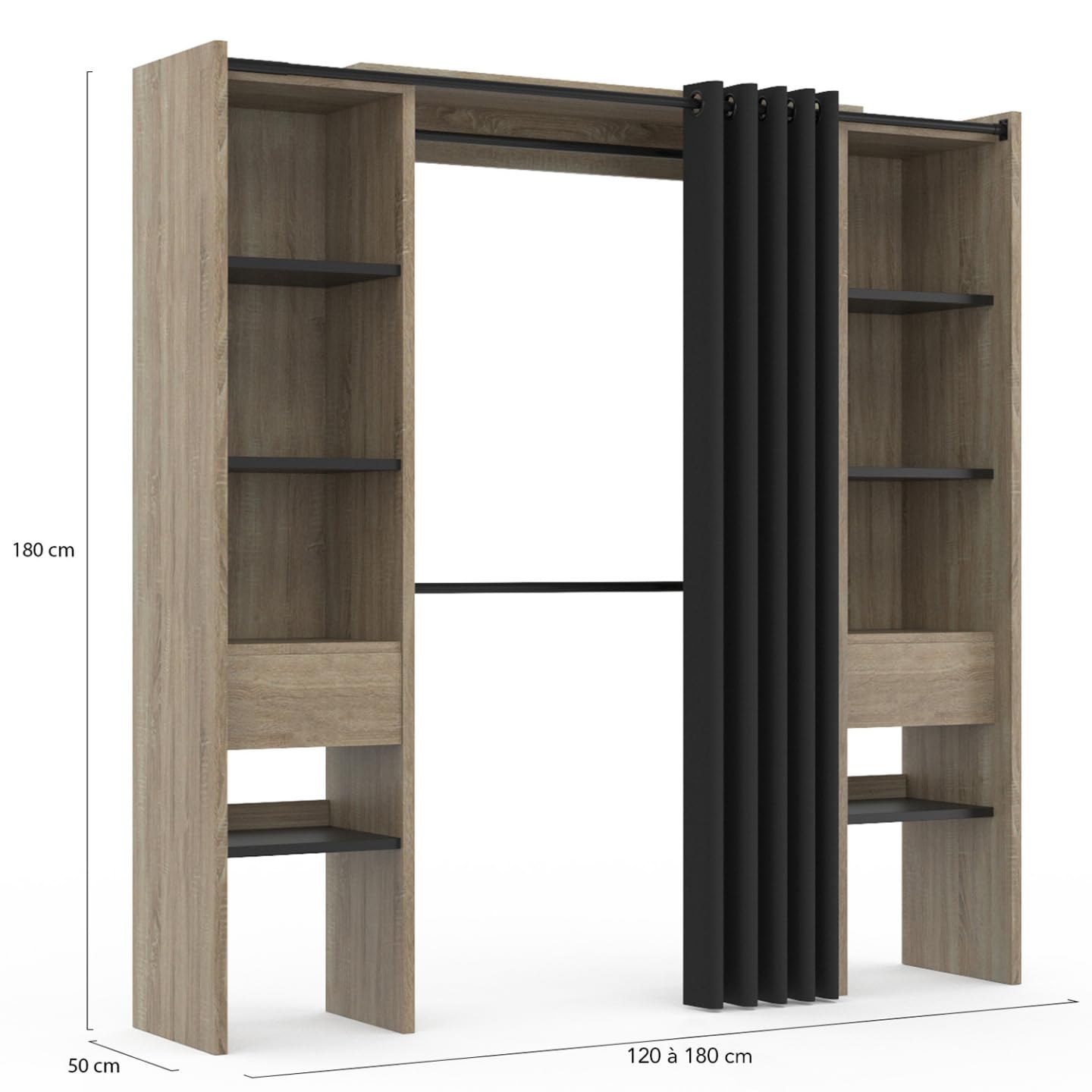 IDMarket - Dressing Extensible Double Meryl 120/180 x 50 x 180 cm hêtre avec étagères hêtre + Double penderie + Rideau Noir