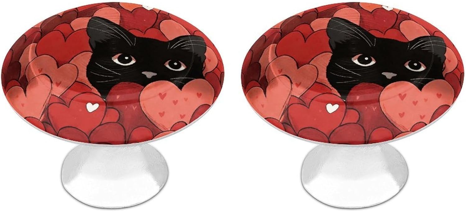2 Pack Cabinet Knobs,Decorative Drawer Pulls, Red Heart Black Cat_
