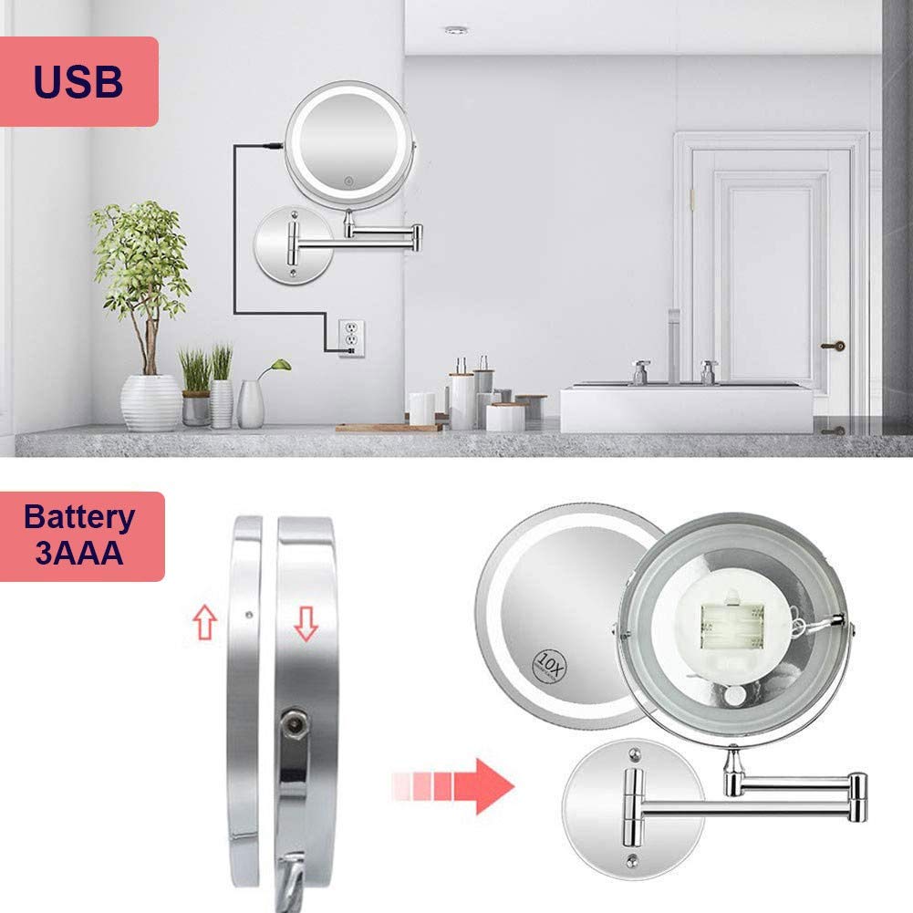Espejo de maquillaje montado en la pared, con Luces - Aumento de 10x Espejo de baño extensible giratorio de Dos Caras de 7'' Fuente Doble