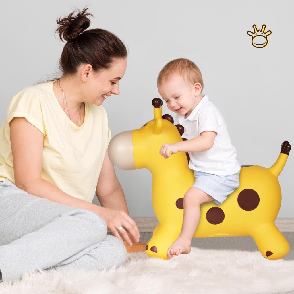 U&C Planet Hüpftier für Kinder Aufblasbare Giraffe Gelbe Giraffe Hüpfer mit Handpumpe Geschenk 1-6