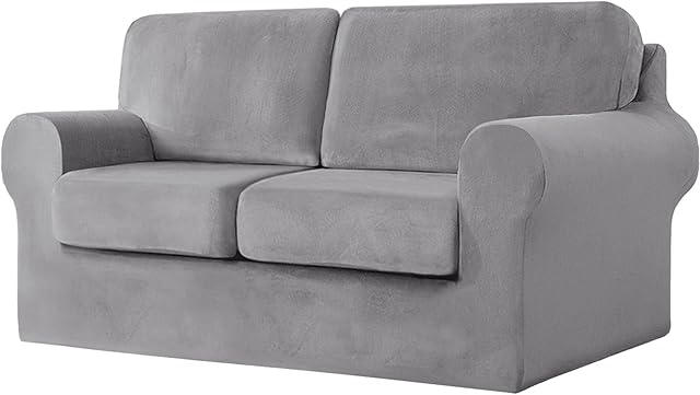 Sofa Cover 2 Seater 5 Pieces Set - Super Soft Stretch Velvet Sofa Slipcovers Sofa Protector Couch Covers with Separate 2 Backrest Cover and 2 Seat Cushion Cover for Living Room (Light Grey)