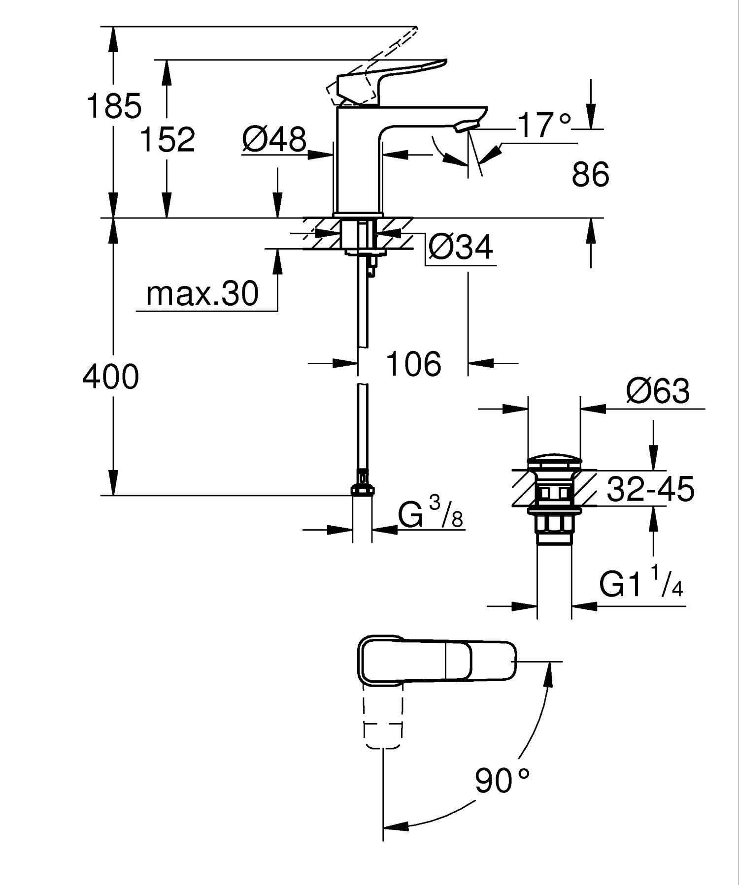 GROHE Dice Mitigeur monocommande Lavabo Taille S (Robinet pour Lavabo de Salle de bain, Avec bonde clic clac, facile à installer avec QuickTool inclus, Economie d'eau), Chrome, 1018610000