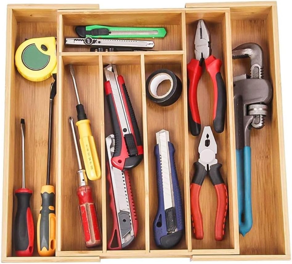 竹製伸縮ナイフボックス 引き出し仕切りボックス 家庭用ナイフスタンド キッチン用品収納ラック キャビネット用カトラリー収納ボックス