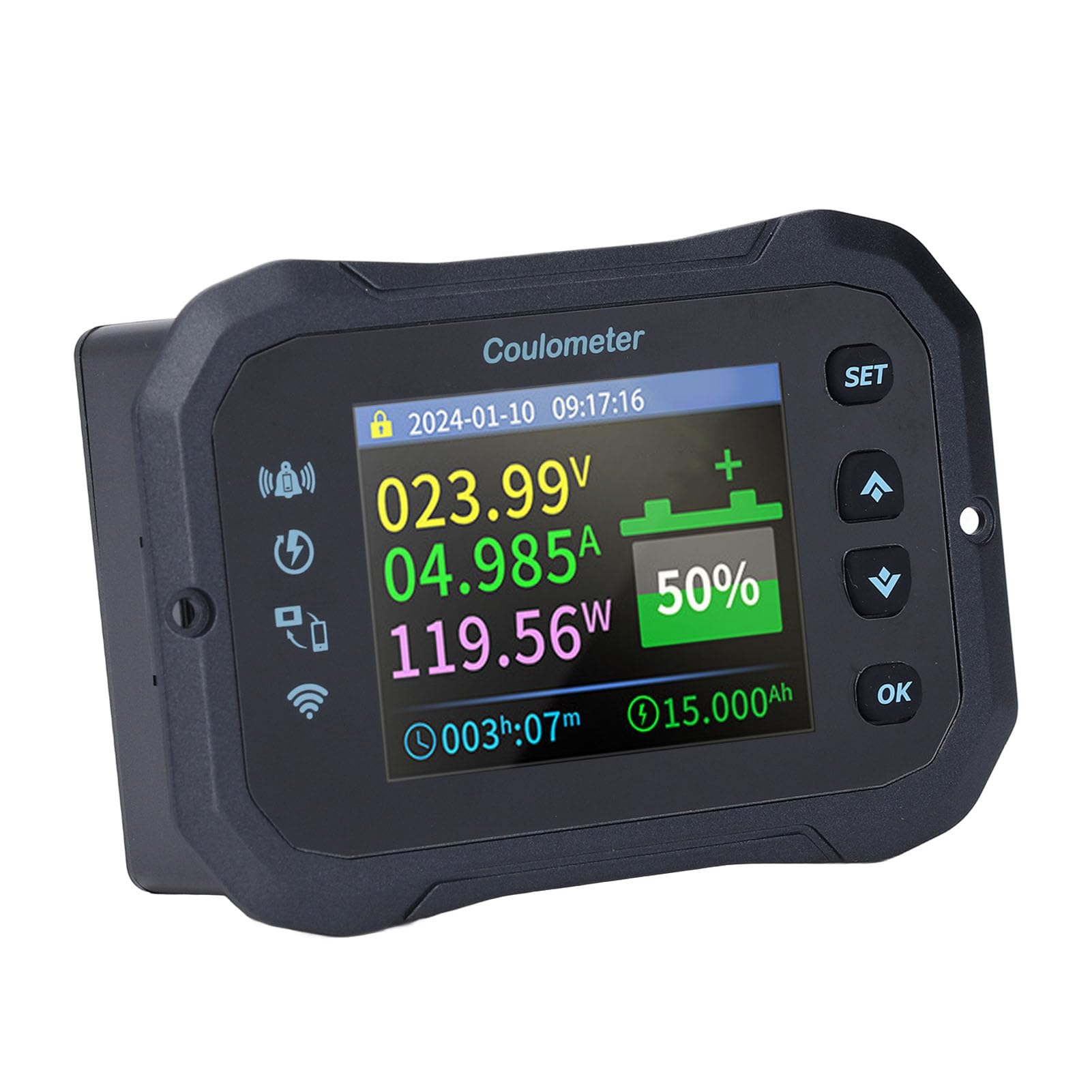 Monitor de Batería WiFi con Derivación, 10-100V 0-50A Detección Bidireccional Medidor de Batería Remoto Bluetooth Cable Blindado, Alarma Programable de Alto y bajo Voltaje para