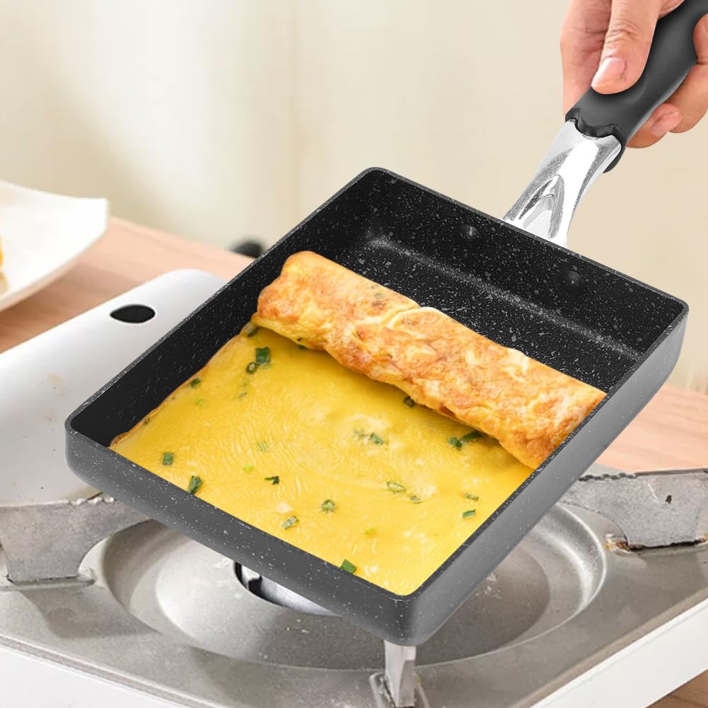 Padella Tamagoyaki, Padella per Omelette Giapponese, Uova, Pankache con Spatola in Silicone e Pennello, Padella Rettangolare per Frittata per Induzione e Gas (Nero)