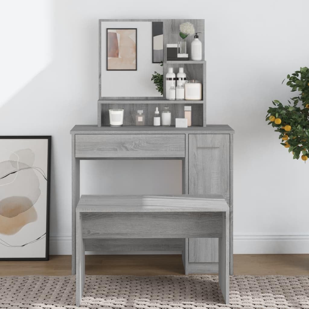 Toeletta trucco con specchio grigio Sonoma, tavolo vanità 86,5x35x136 cm in legno multistrato con cassetto, portaoggetti, consolle elegante per camera da letto e spogliatoio