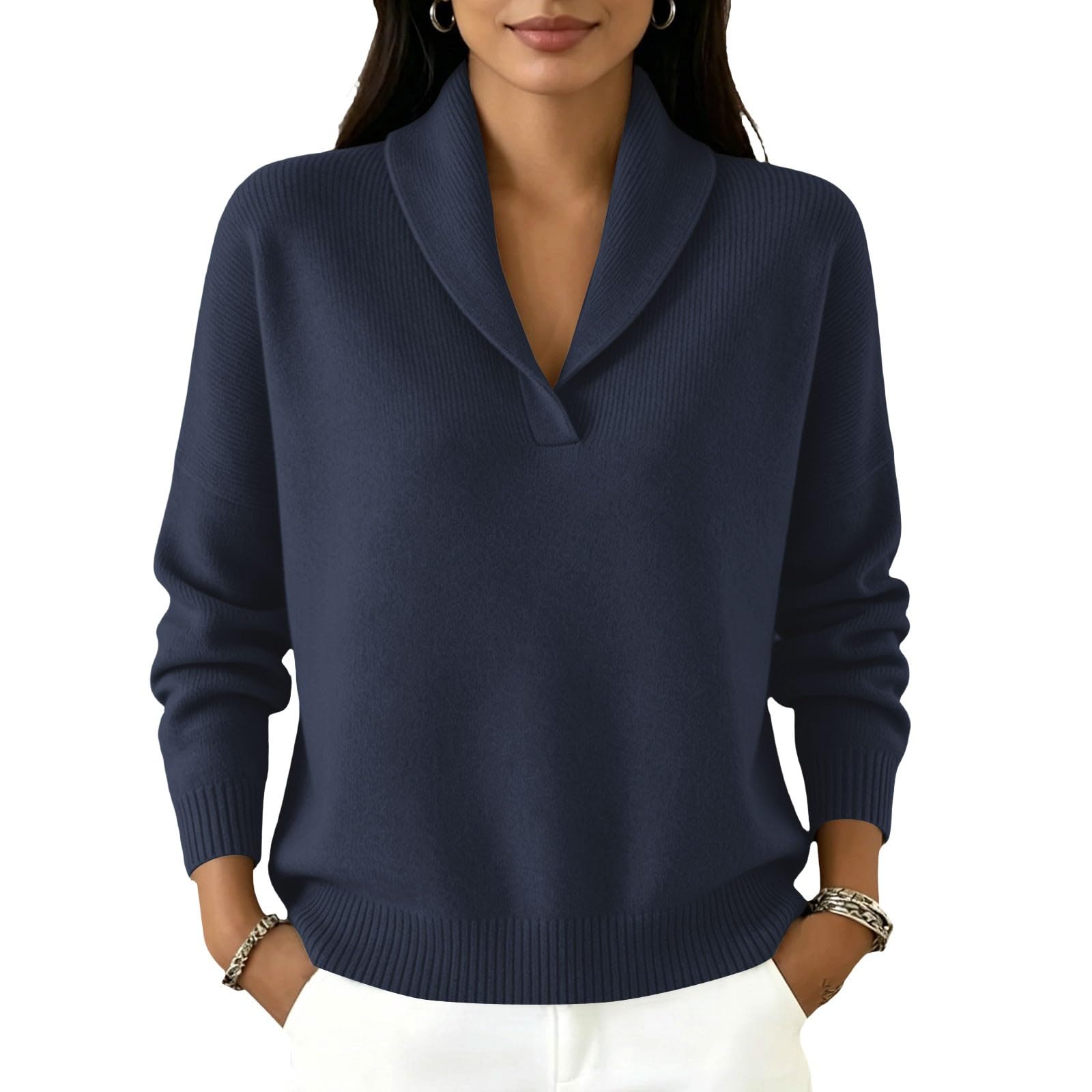 Generico Camiseta de mujer de punto con cuello en V y manga larga | Sweatshirt - Camiseta de color liso Slim Fit Slim Fit - Suave y cómoda - Ideal para el trabajo, compras, pasear por casa