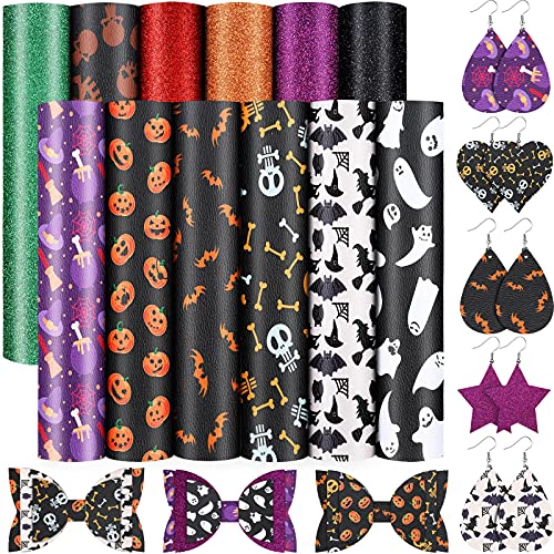 12 Sheets Halloween Faux Leather Sheet Halloween Pattern Fabric Sheet Skull Bat Printed Synthetic Leather Fabric Sheet 7.9 X 6 Inch With Hair Clip Earring Kits For Making Halloween Theme Earring