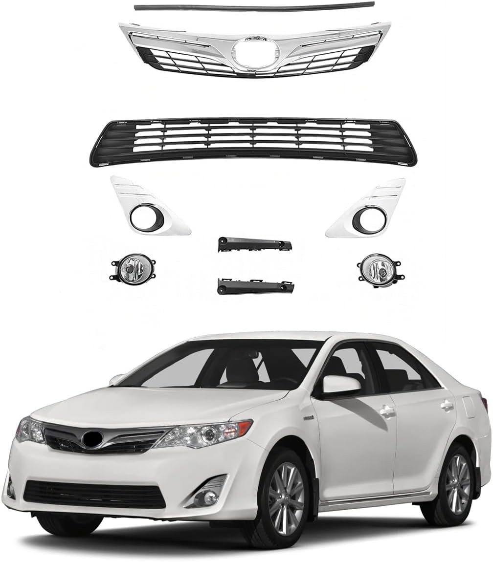 Front Bumper Upper Lower Grille w/Seal + Fog Light Kit Fit For T0Y0TA Camry 2012-2014 LE XLE