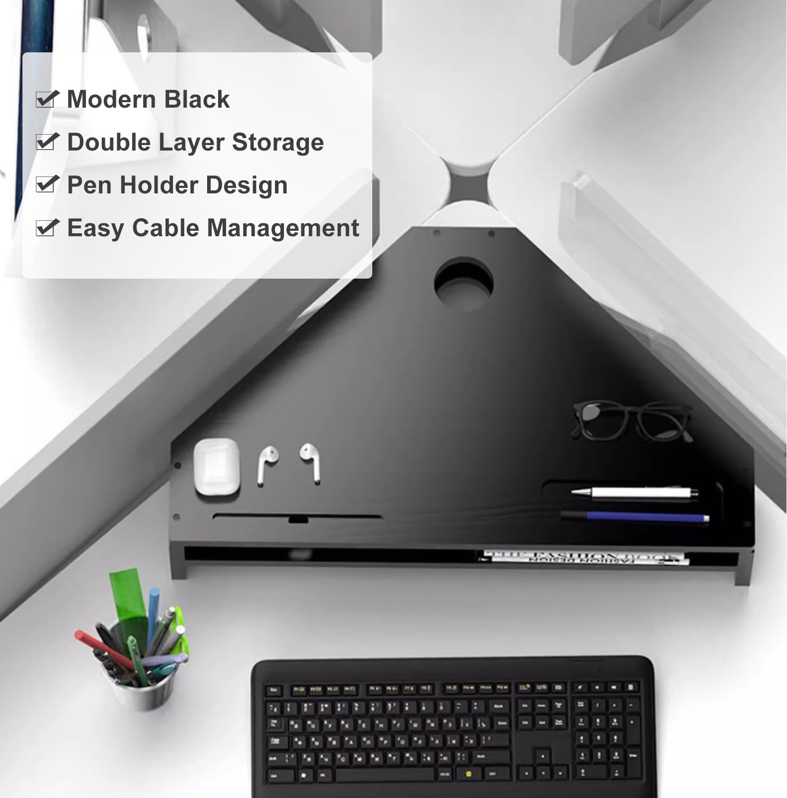 Stojak na Monitor Nowoczesny Czarny Stojak Pod Monitor, Dwuwarstwowy Regał Biurowy do Ekranu Laptopa, Trójkątna Drewniana Półka na Biurko Oszczędzanie Przestrzeni (Size : 57cm/22.5in L x 11cm/4.3in H