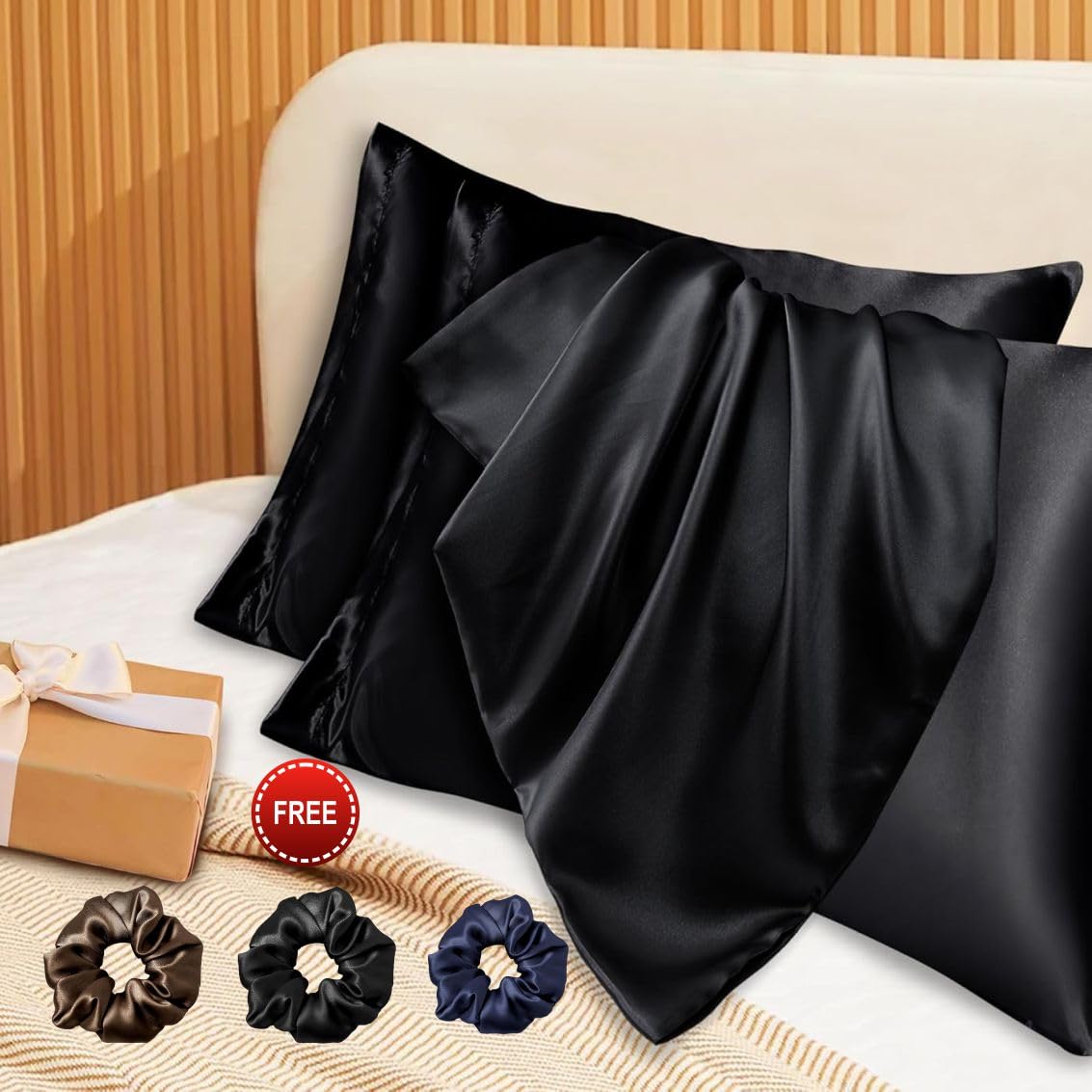 JD FRESH Pure Silk Pillow Case/Pillow Cover Pack of 2 for Hair and Skin-with Satin Scrunchies for Women Stylish/Satin Pillow Covers/3-piece scrunchies for Women (Black- 28X18) 600TC