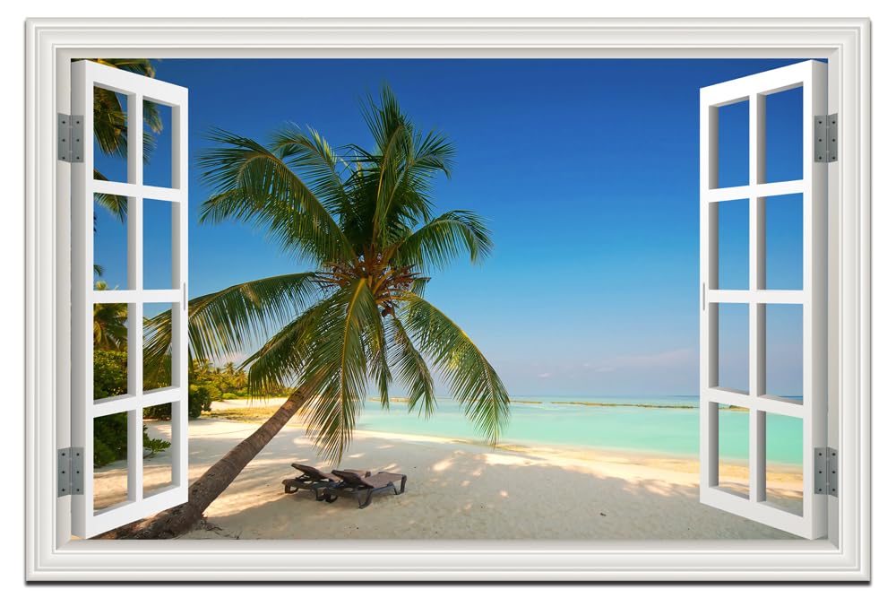 Beach Canvas Wall Art Decor Fake Window Frame Style Ocean Pictures,Blue Sea Landscape Palm Tree Art Print for Living Room,Bedroom,Bathroom,or Home