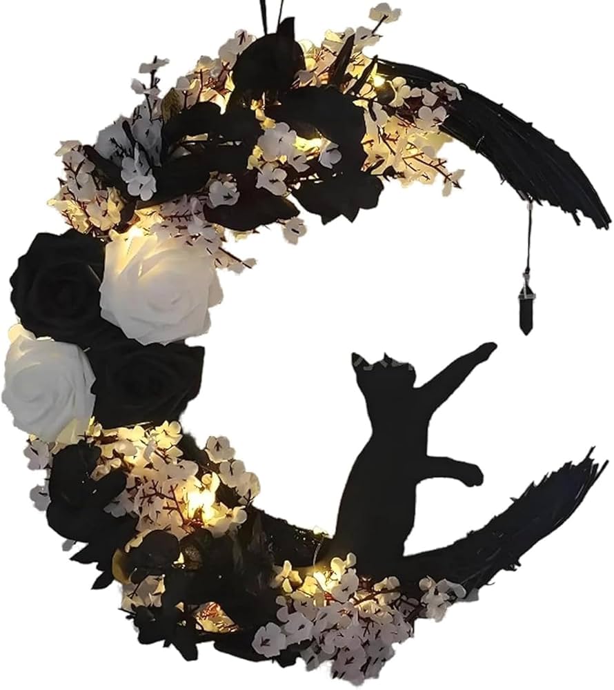 Amazon｜ムーンリース、玄関用ハロウィンリース、黒猫三日月