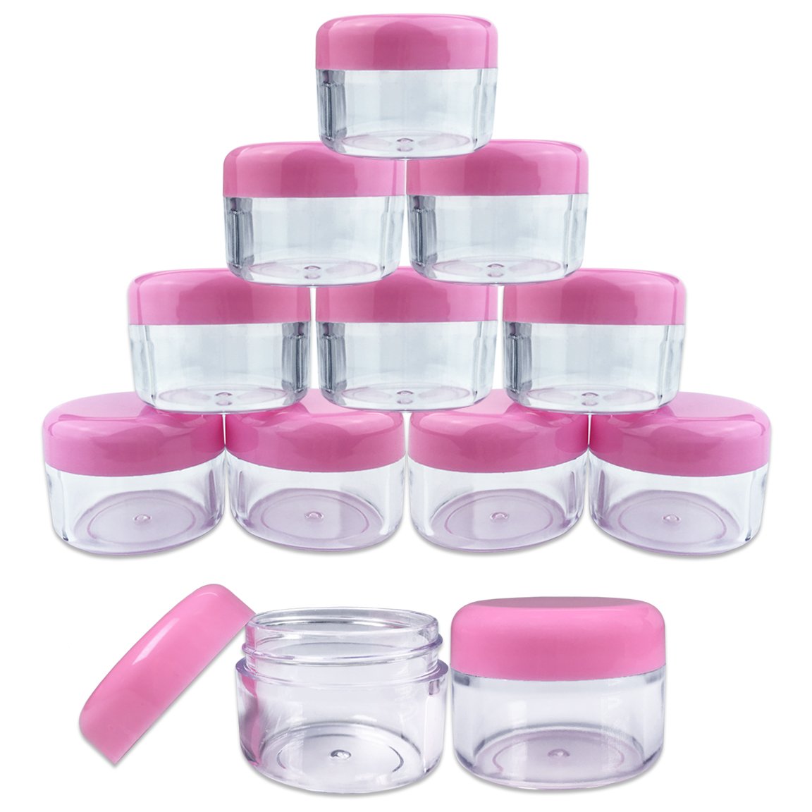 Beauticom 12 sztuk, 30 g, 30 ml, okrągłe, przezroczyste, do wielokrotnego napełniania, puste plastikowe słoiki z różowymi zakrętkami do przechowywania sypkich proszków i pigmentów, próbek do makijażu