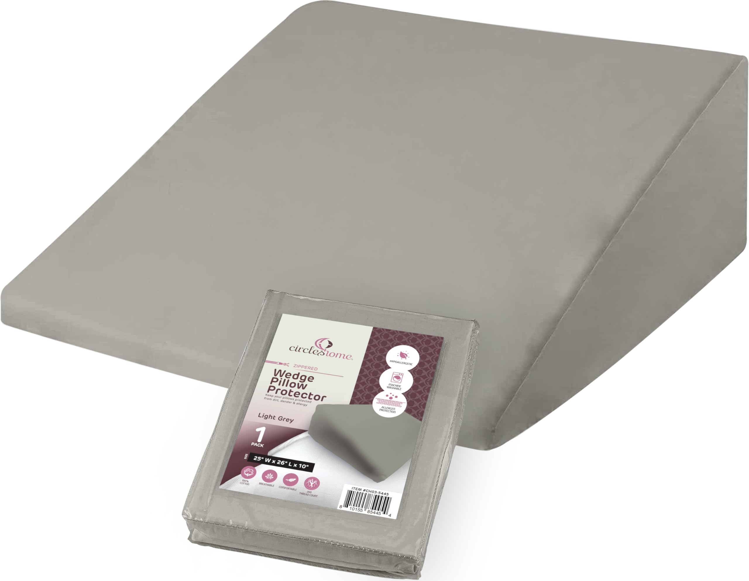 CirclesHome Wedge Pillow Cover 100% Cotton, Zippered Wedge Pillow Case Protector, Soft, Hypoallergenic &amp; Breathable - Light Grey, (25Wx26Lx10)