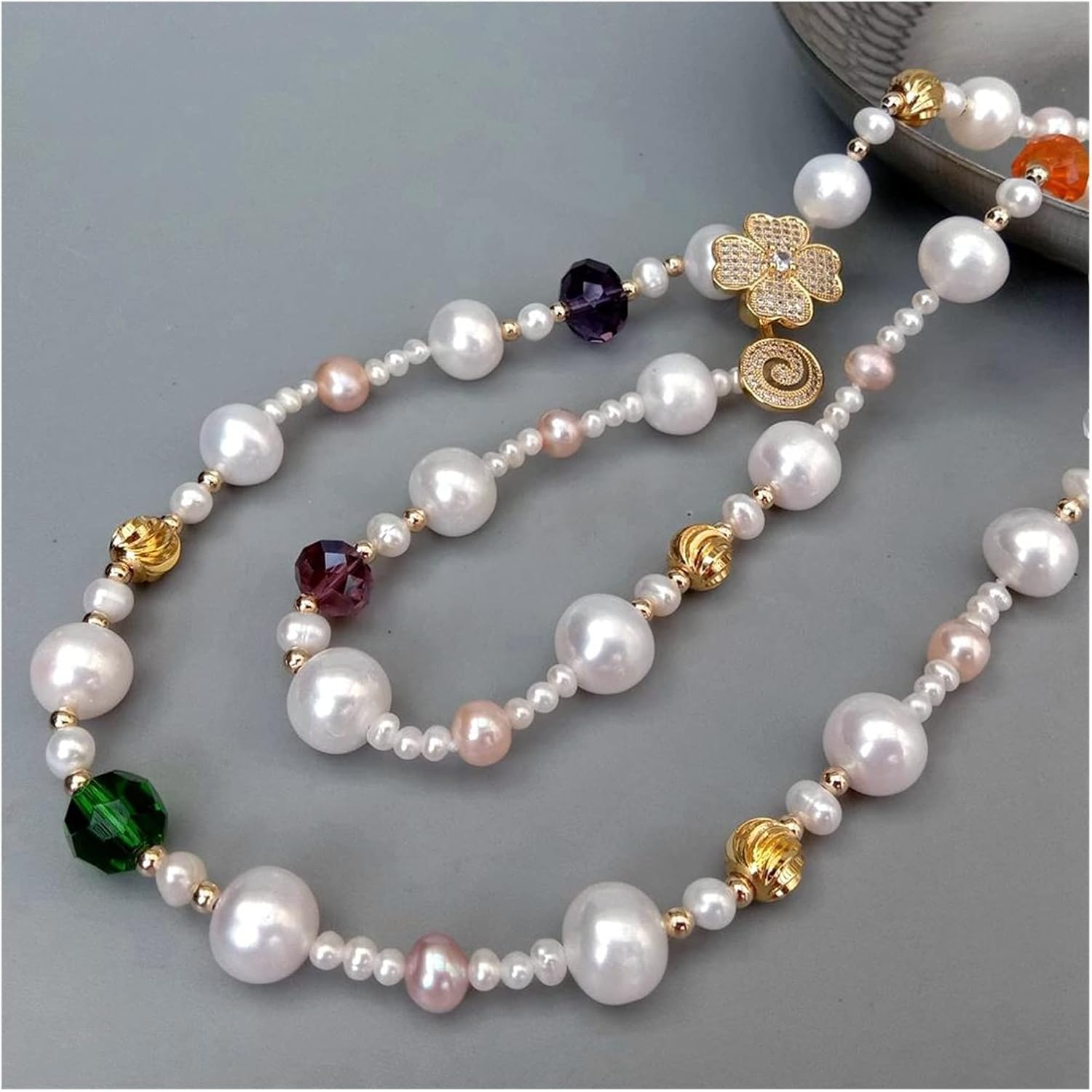 LAnGSHAW Cultured White Pearl Long Multi Color Crystal Tassels Necklace 41" Women Strand Gifts