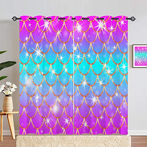 ANHOPE Mermaid Scale Curtains Eyelet Soft Thermal Insulated Ring Top 80% Blackout Curtains with Colorful Fish Scale Print Pattern Window Drapes for Kids Girls Bedroom Living Room 46 x 54 Inch 2 Panels - Image 3