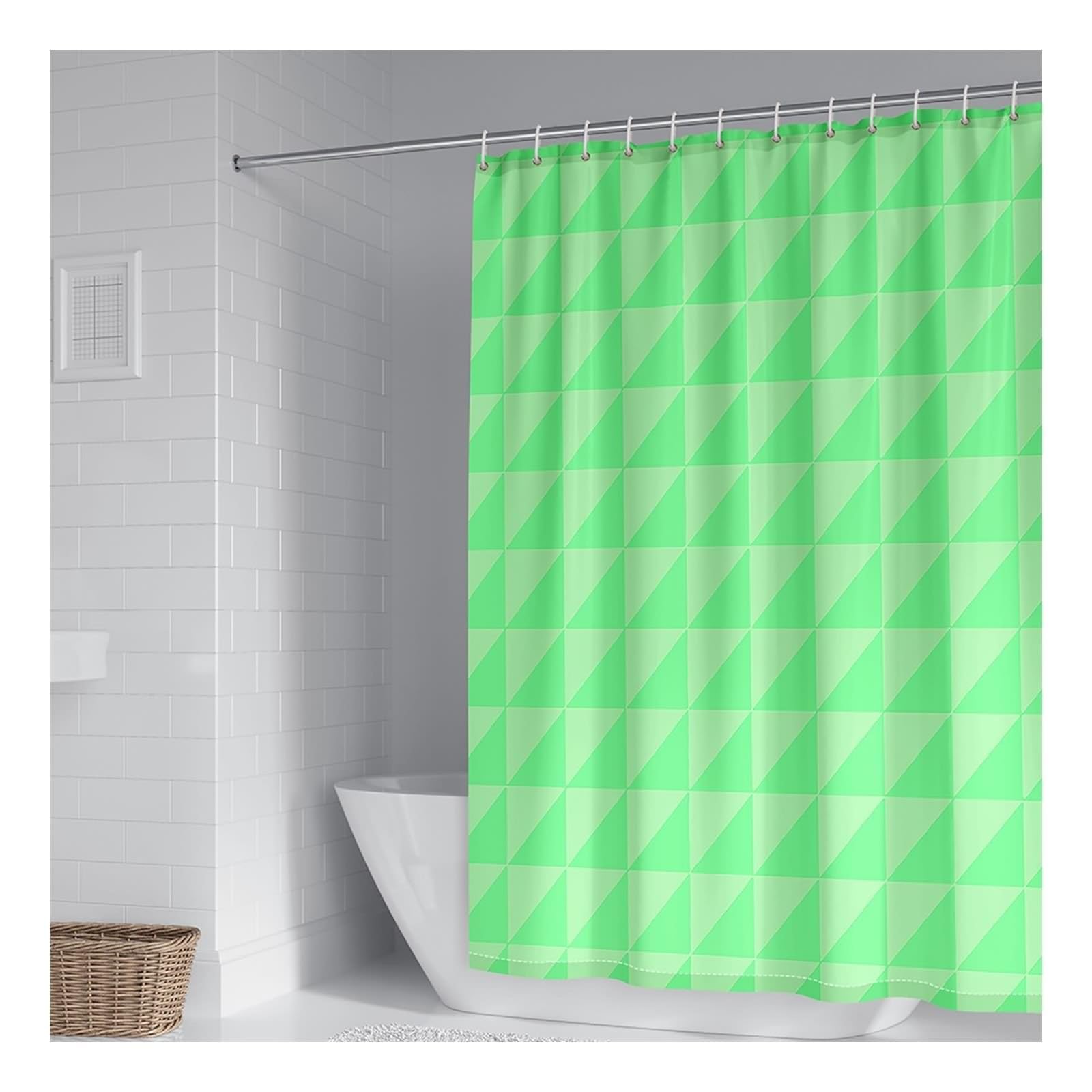 Cortina de ducha de 180 x 200 cm, textil verde, diseño de triángulos verdes, cortina de baño, tela de poliéster, resistente al moho, lavable, 1,8 x 2 m de largo (ancho x alto), incluye anillas