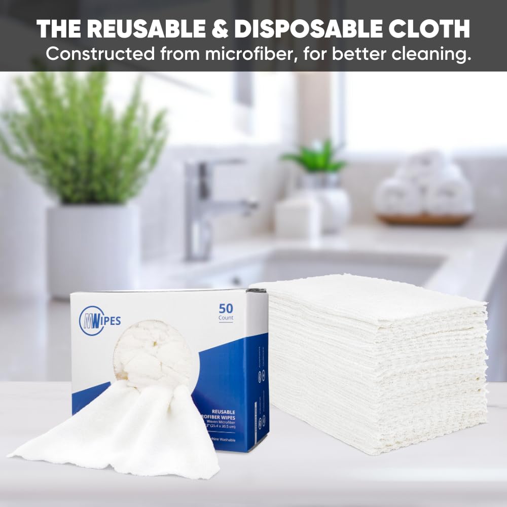Microfiber Rags in A Box (50 Count) - Mwipes - 10" x 12" Reusable Wipes for Cleaning - Edgeless Terry Towels, Shop Rags, Wash, Dust, Disposable, House, Small Cleaning Cloths (White)