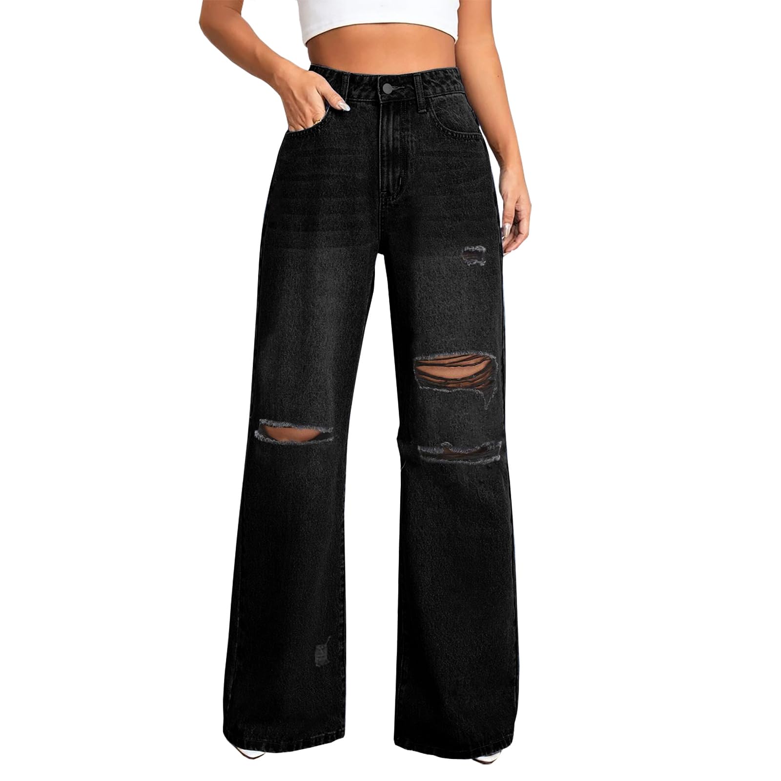 Distressed Jeans mit weitem Bein für Damen, hohe Taille, lockere zerrissene Boyfriend-Jeans, Y2K, Stretch-Denim-Hose