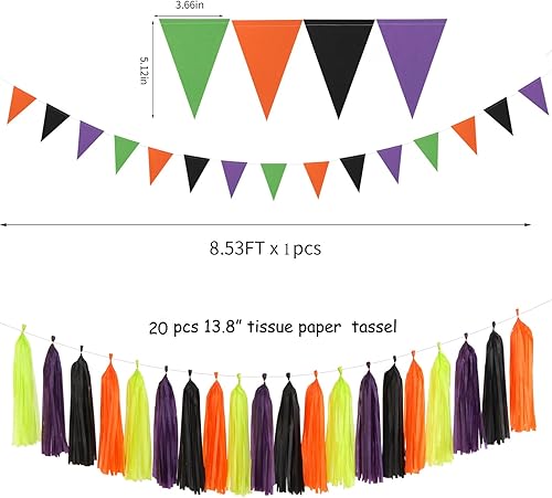 Miniatura 3 de Decoraciones de Fiesta de Halloween Negro-Morado Naranja Verde - 30 piezas Pompones de Papel Tissue, Serpentinas, Guirnalda de Borlas, Pancarta
