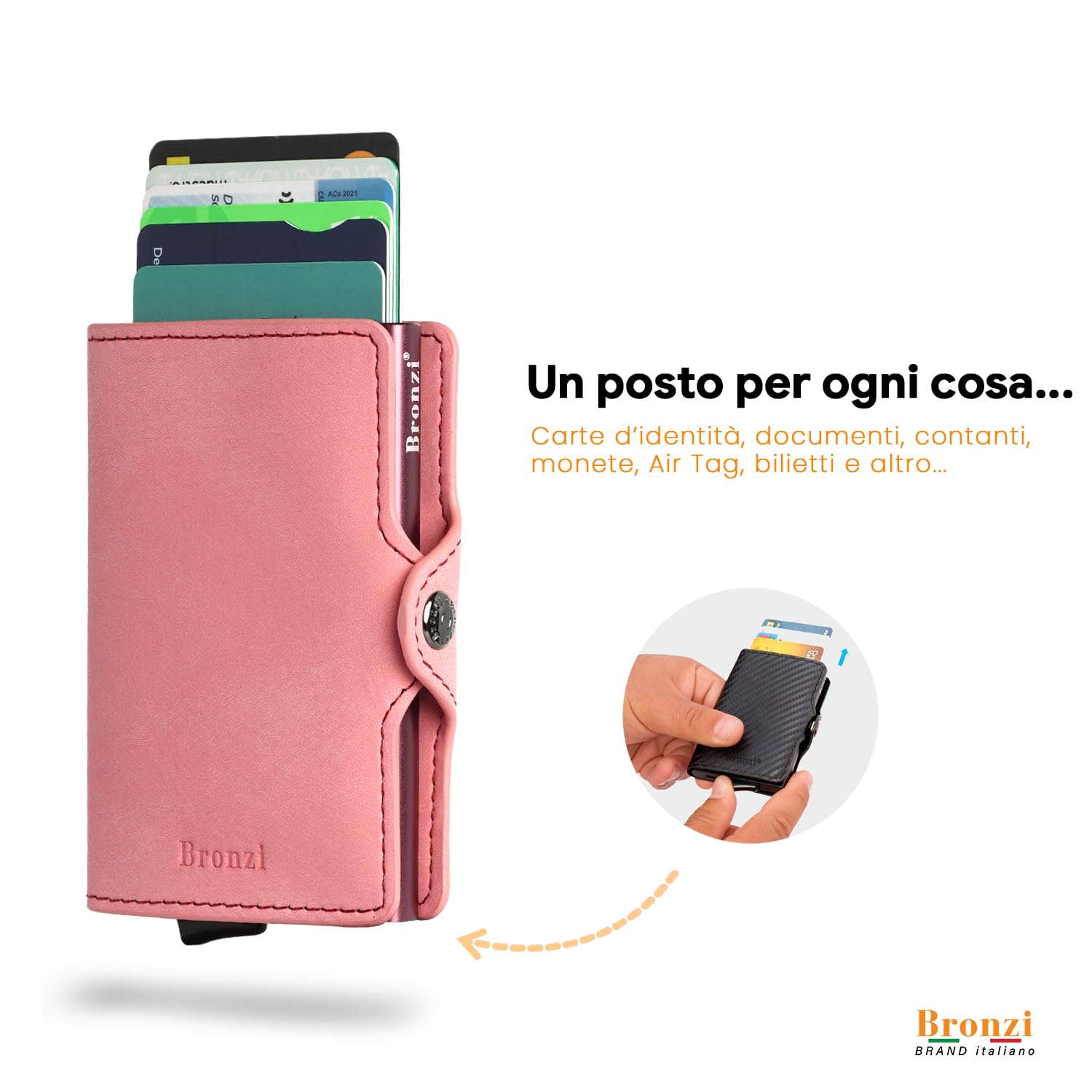 Bronzi Portafoglio Porta Carte Credito - Portafoglio Uomo Donna Slim Portacarte - Mini Porta Tessere - Protezione RFID Portatessere - Design Smart Opaco Rosa