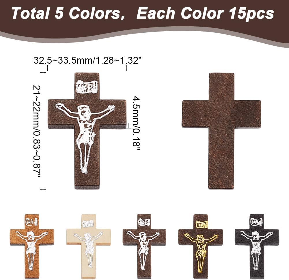 75Pcs 5 Colors Wooden Crucifix Cross Charms Bulk Natural Wood Cross Dangle Charm Large Crosses Pendants for Halloween Party DIY Crafts Bracelets Necklace Jewelry Making Hole: 2mm - Image 2