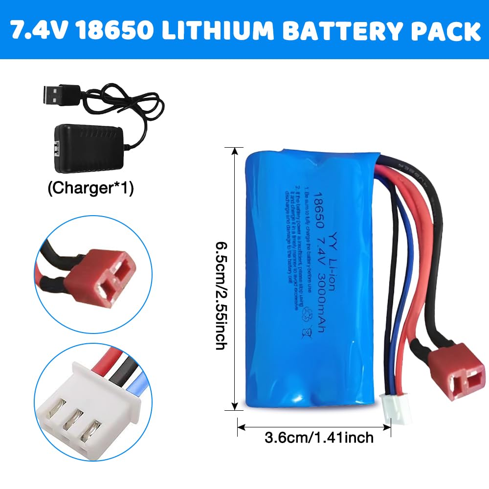 Batteria Agli Ioni di Litio, 2 Pezzi Batteria Agli Ioni di Litio 7.4V 3000 mAh, Batterie Ricaricabili con Spina Deans T, Lipo 2s con 1 Caricabatterie per Veicoli RC, Carri armati, Auto, Robot